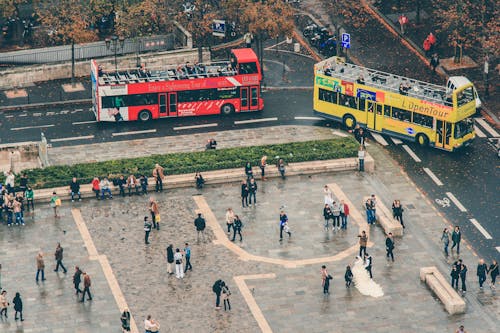 Red and Yellow Double Decker Buses on the Road