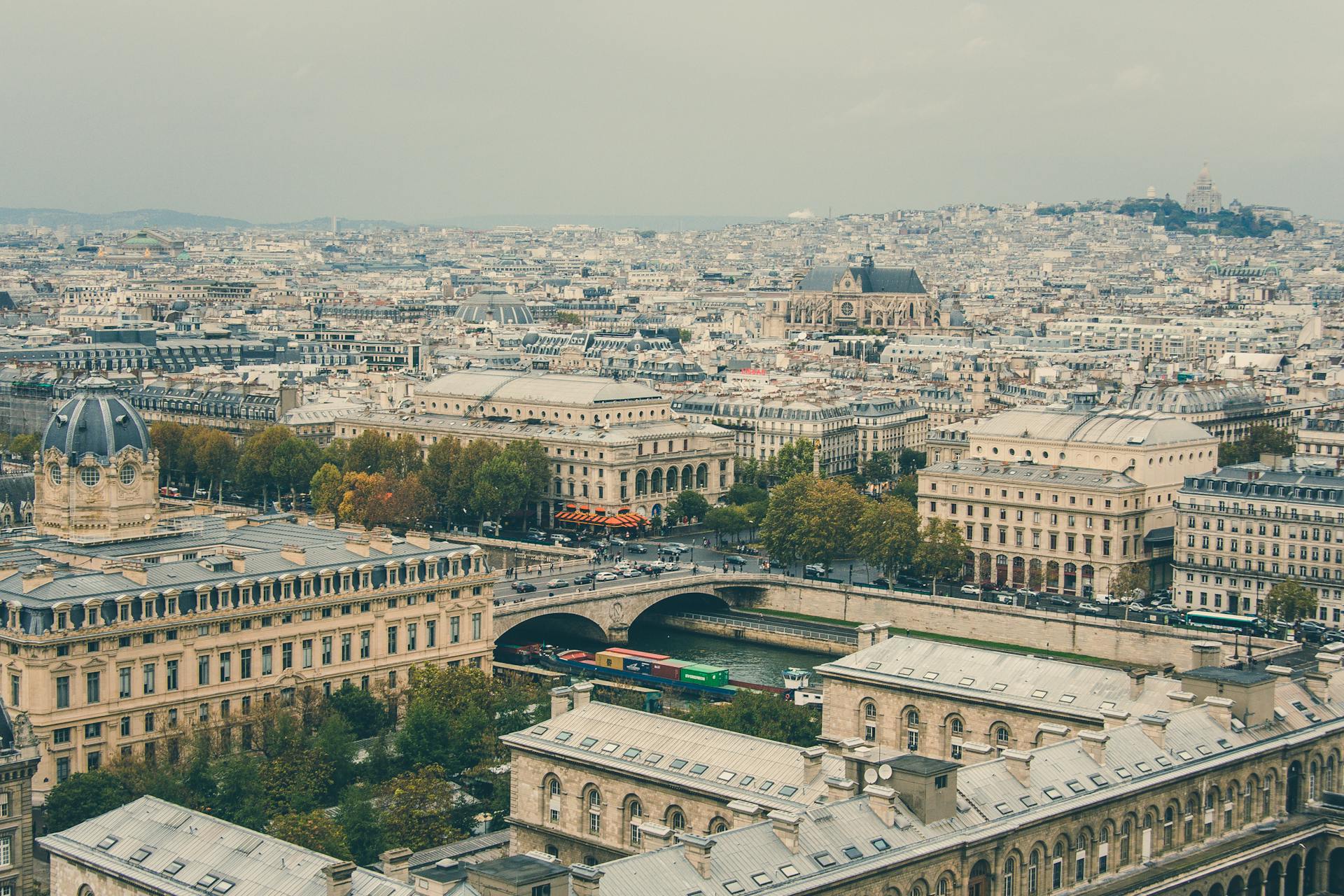 Aerial view of Paris cityscape featuring Seine River and historic architecture under a cloudy sky.