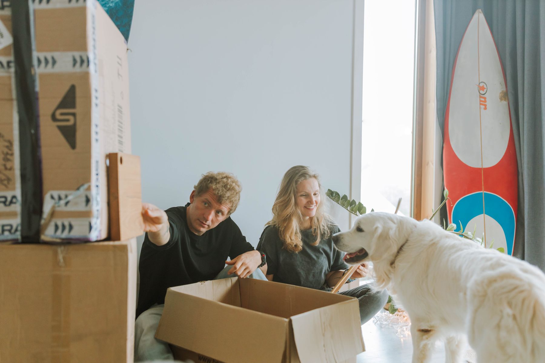Pet owners unpacking cardboard packages with their dog at home