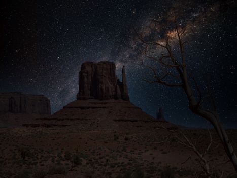 夜晚，纪念碑谷的壮丽景色之上，银河与星空清晰可见