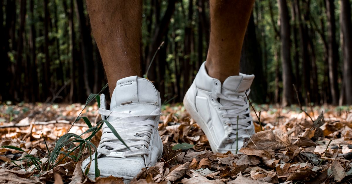 Close-up of white sneakers walking through fallen autumn leaves in a serene forest setting.