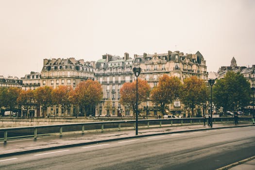 沿着巴黎的城市街道，欣赏历史建筑与秋叶交织的迷人景色