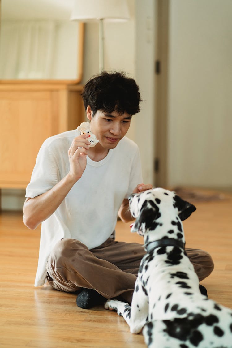 A Man Holding A Toy In Front Of His Dog 