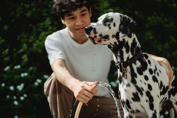 A Man Holding His Dog And A Hose