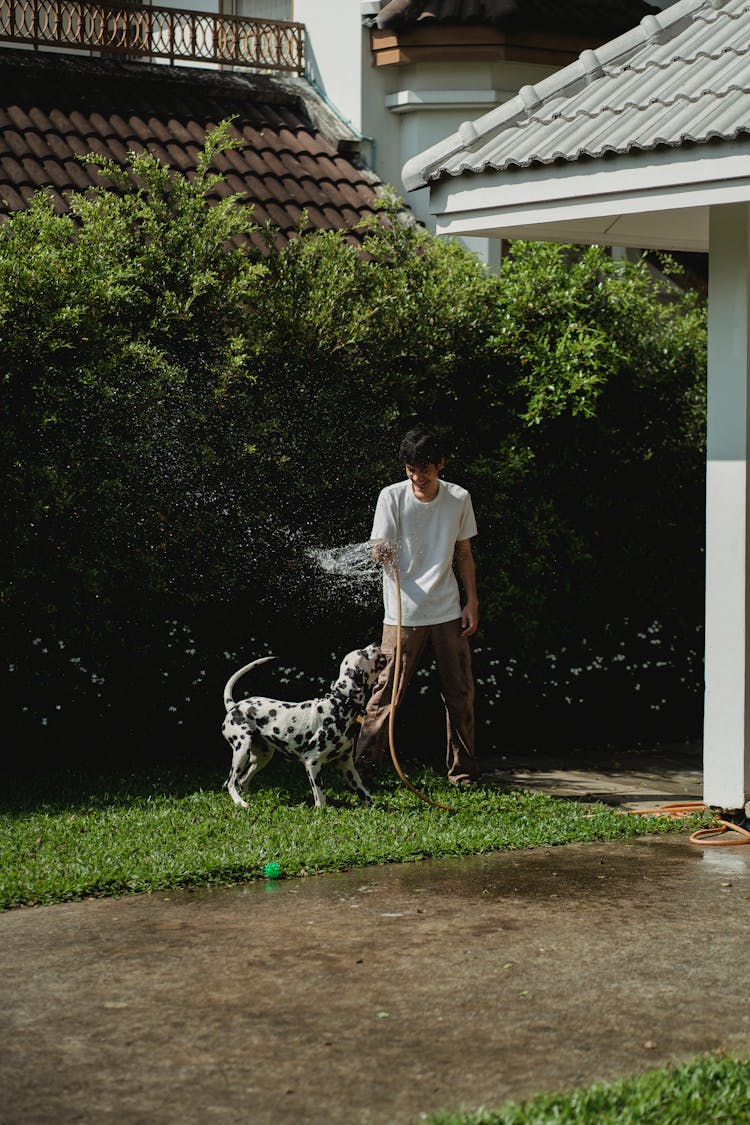 A Man Spraying Water To His Dog Using A Hose