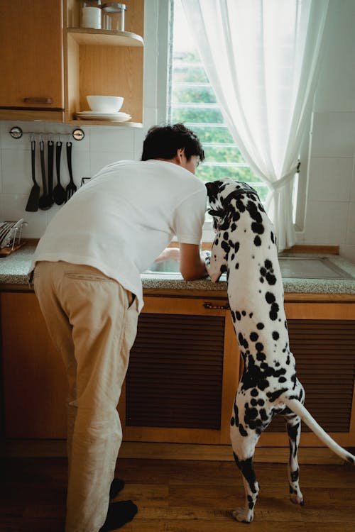 A Man and His Dog Leaning on the Kitchen Sink