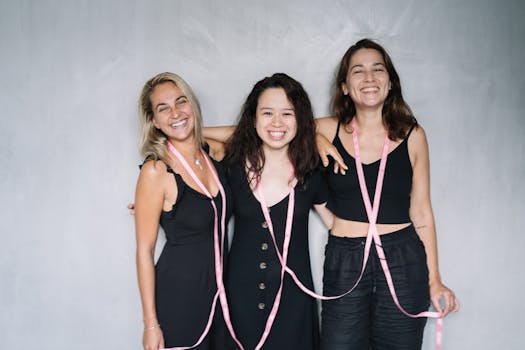 三名妇女以粉红丝带和微笑支持乳腺癌防治意识