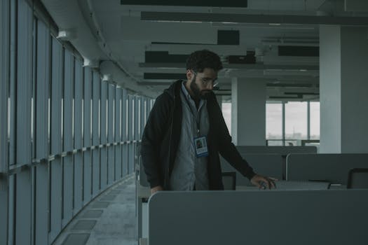 A bearded man in a black jacket standing in a modern office with a badge.