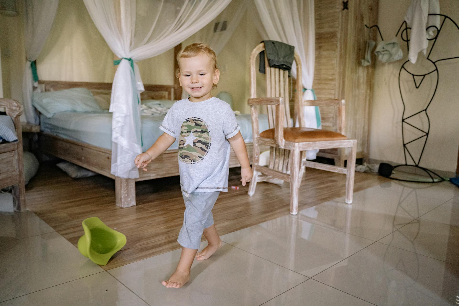 Toddler Walking Around the Bedroom with Tiled Floor
