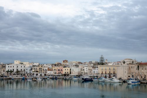 White and Brown Concrete Buildings Near Body of Water Under White Clouds