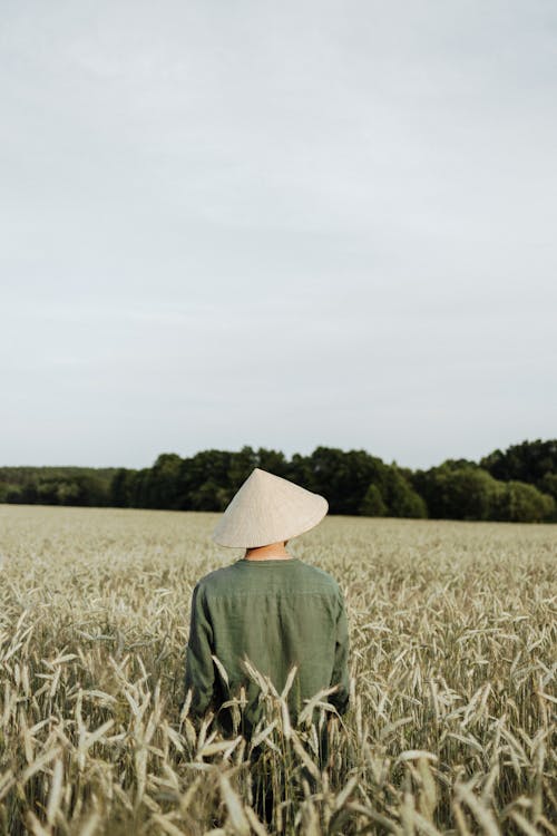 Person in Green Long Sleeve Shirt Wearing White Hat Standing on Grass Field