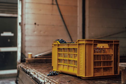 Yellow crate filled with grapes on a wooden surface indoors, perfect for winery themes.