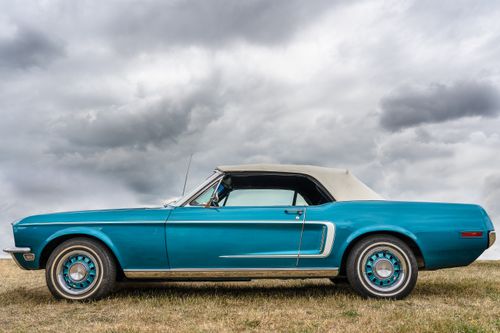 Free Side view of a vintage blue convertible car parked outdoors with a cloudy sky background. Stock Photo