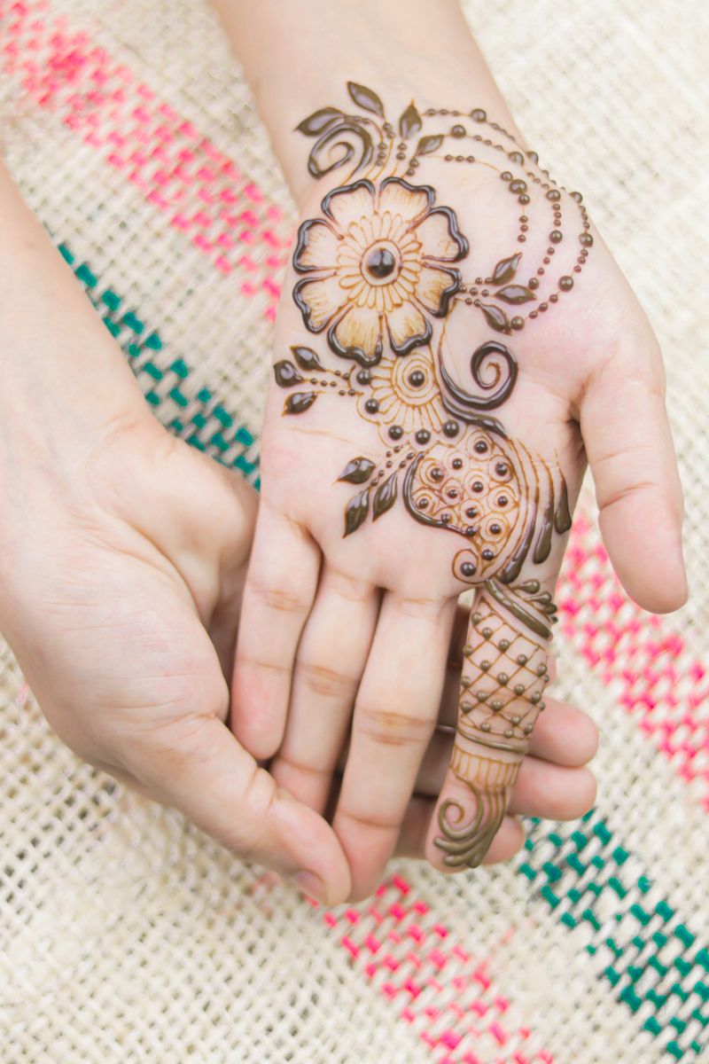 Hand with traditional brown henna design