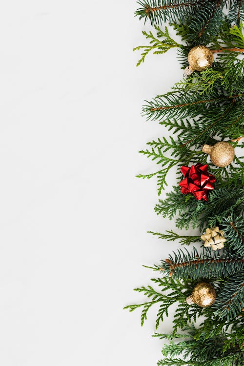 Pine Leaves With Christmas Ornaments on a White Background
