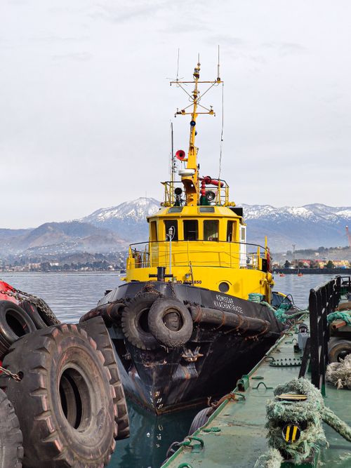 Free A vibrant yellow tugboat docked at Batumi harbor with mountains in the background. Stock Photo