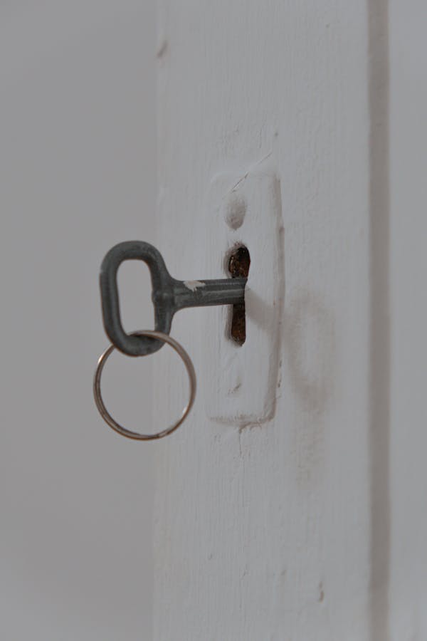Silver Padlock on White Wooden Door