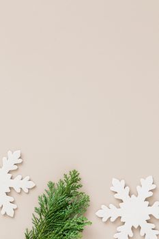 简单的度假公寓以米色为背景，点缀着雪花和绿色植物