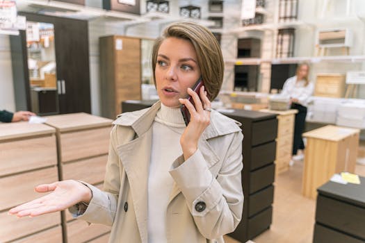 Confident woman in a furniture store discussing on her mobile phone.