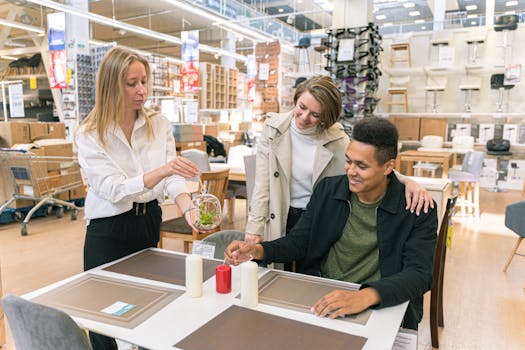 三个成年人在家具店开心地挑选装饰品，微笑着互动