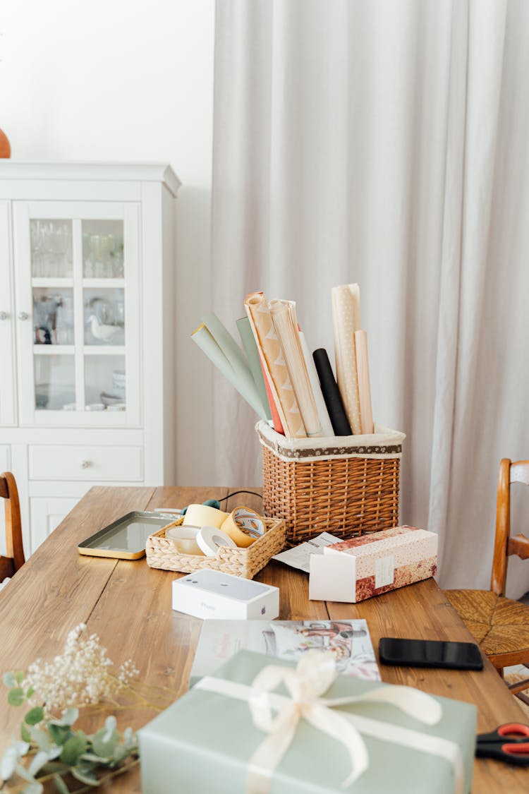 Wrapping Papers On Brown Woven Basket