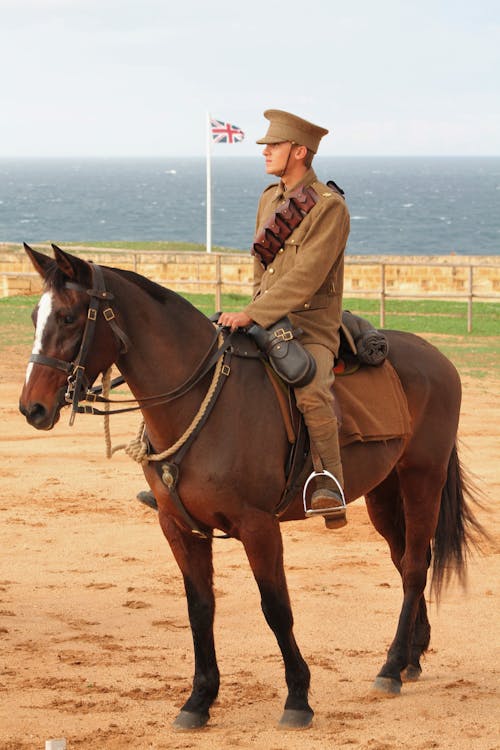 Young male horse guard during near sea