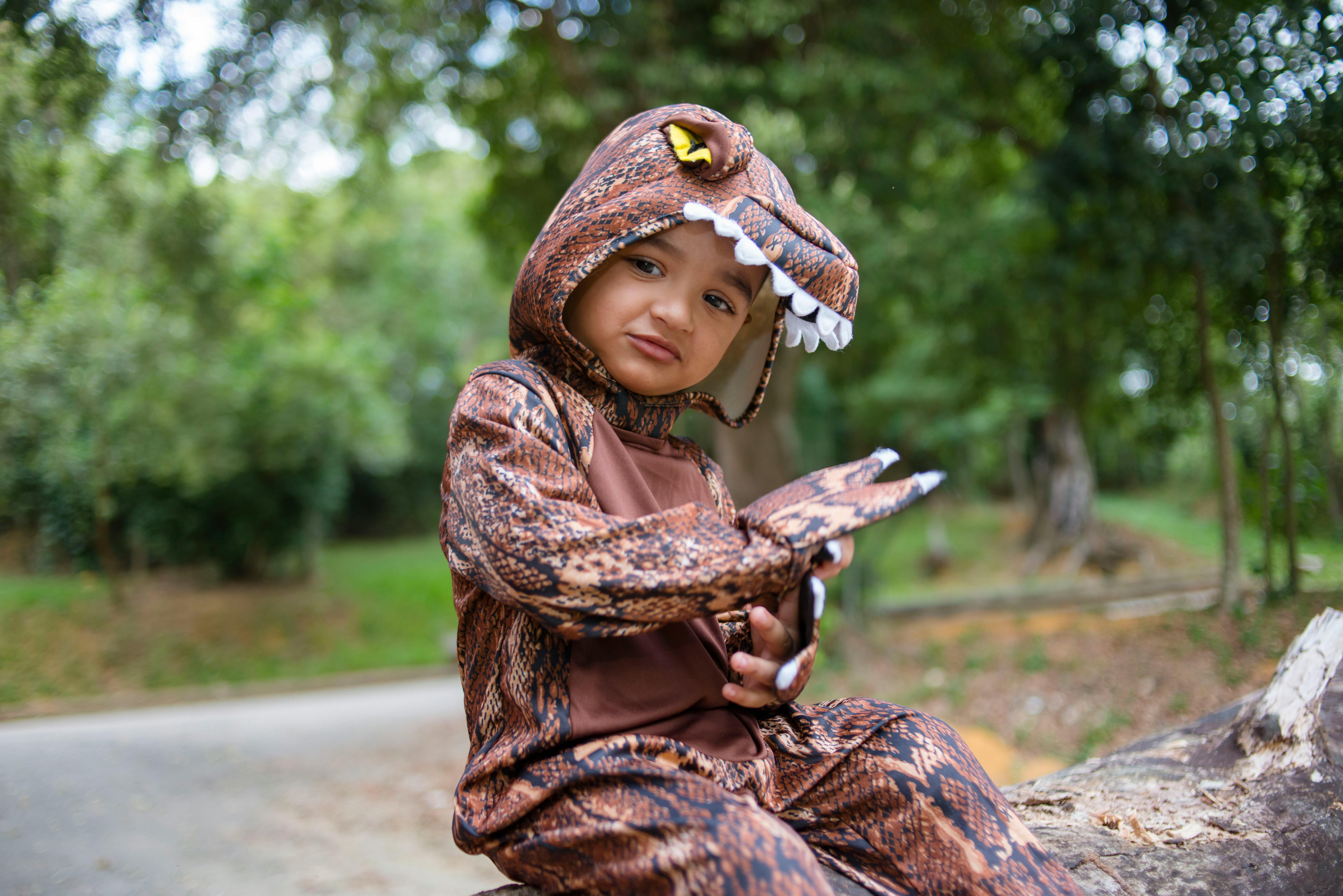 A young child dressed in a dinosaur costume posing outdoors in a park.
