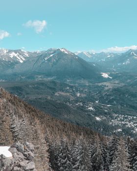Spectacular view of snow-capped mountains and pine forests under a clear blue sky.