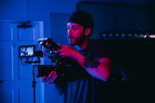 Cinematographer setting up a video camera under blue and red lighting in a studio environment.