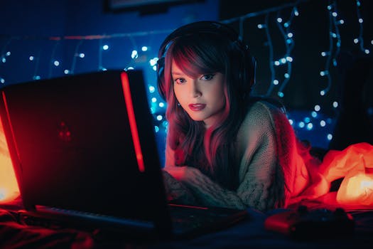Young woman wearing headphones, gaming on a laptop surrounded by dreamy string lights. Cozy ambiance.