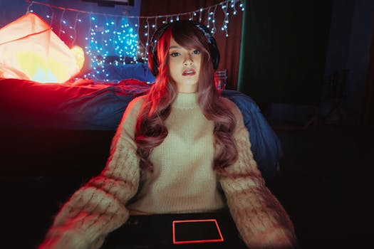 Woman wearing headphones in a dimly lit bedroom with Christmas lights and cozy ambiance.