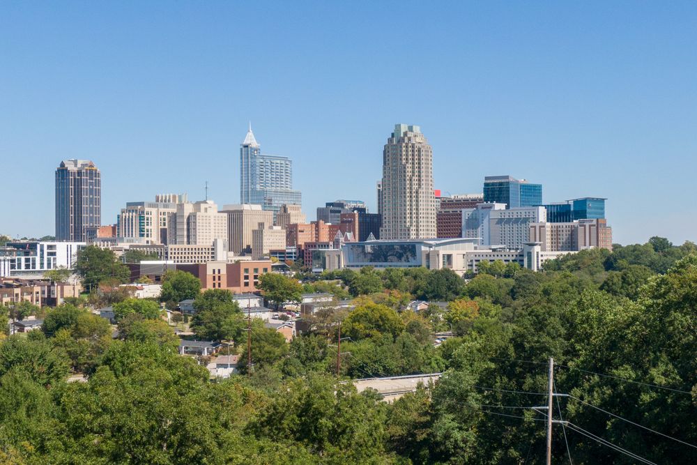 A clear view of Raleigh's skyline, showcasing modern skyscrapers and urban greenery.