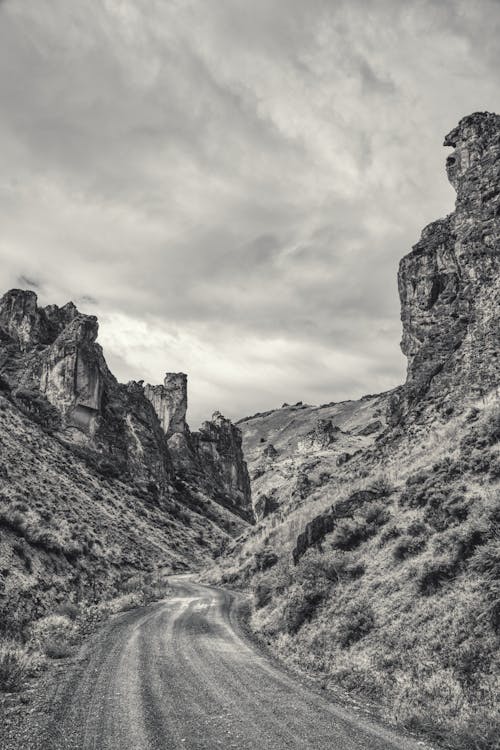 Grayscale Photo of a Road Between Rocky Mountains