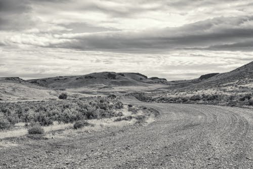 Grayscale Photo of an Unpaved Road in a Desert