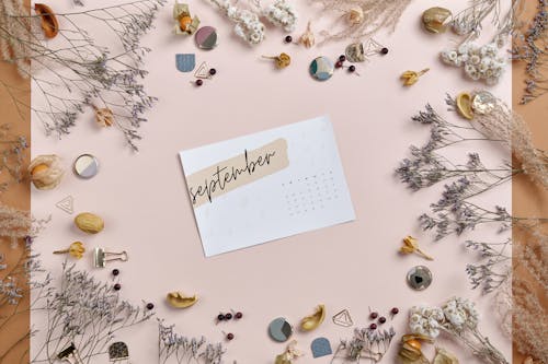 Printed September Calendar Paper Surrounded by Dried Flowers 