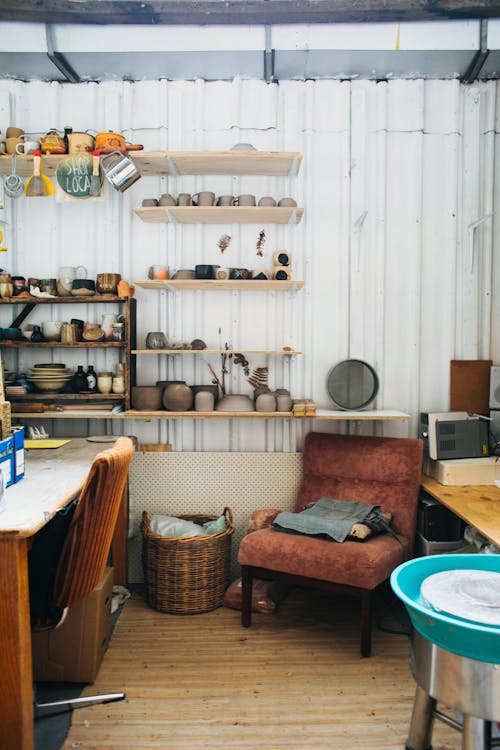 Interior of workshop with crockery