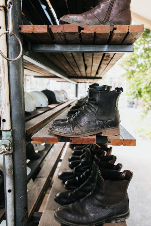 Free Abundance of boots for rent on shelves Stock Photo