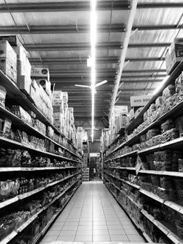 Explore a monochromatic grocery aisle full of products and possibilities.