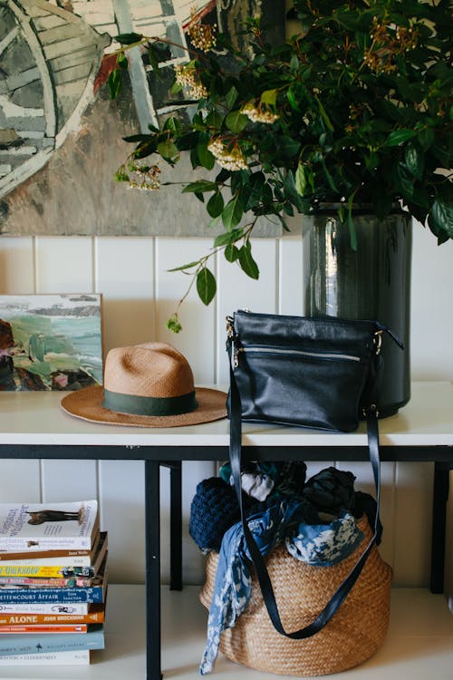 Shelves with hat and purse