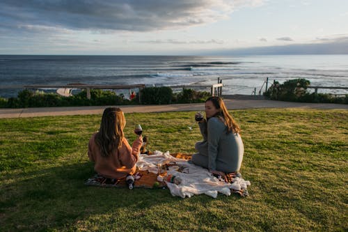 Free Woman with anonymous female friend with wineglasses sitting on plaid with food while having picnic near sea on grassy waterfront Stock Photo