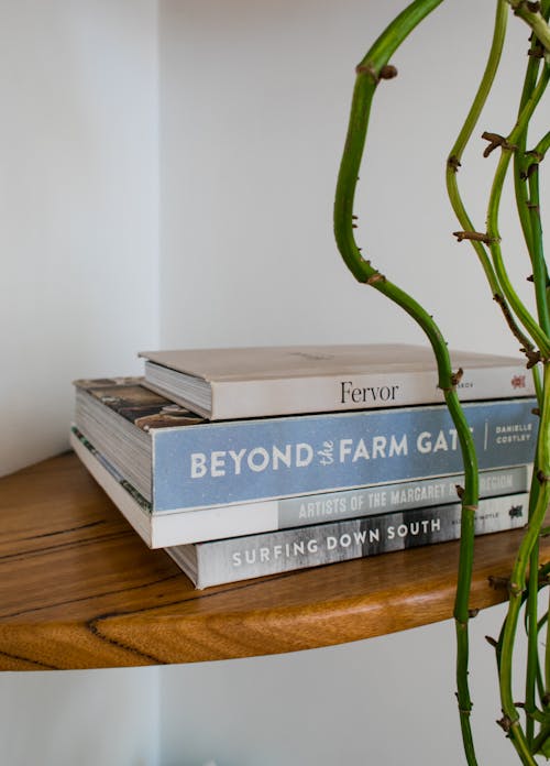 Books placed on wooden shelf near green plant