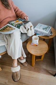 Woman in cozy reading nook with magazine, slippers, and hot beverage.