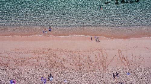 People strolling on sandy beach near azure rippling sea