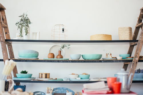 Many various blue bows and wooden vases with verdant plants in apartment in daytime