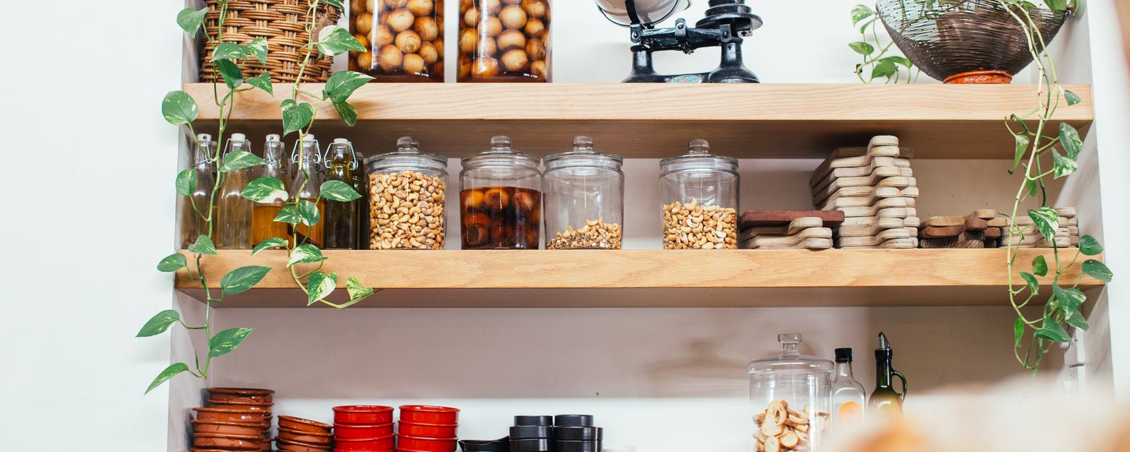 Timber shelves with many glass jars filled with nuts near green potted plants and plastic containers