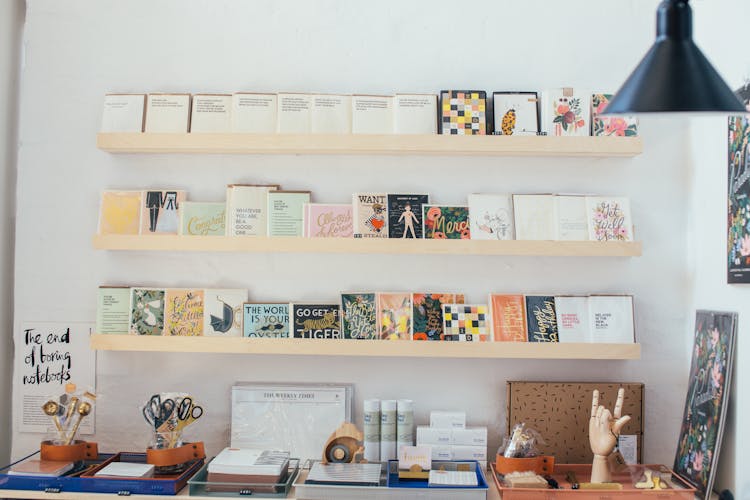 Various Literature On Wooden Shelves In Modern Bookstore