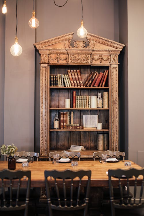 Free Wooden Bookshelf in the Dining Room Stock Photo