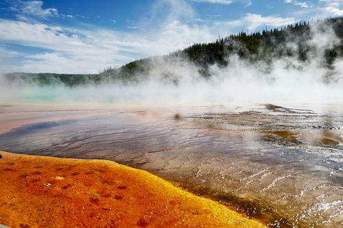 Free Captivating view of steam rising from Grand Prismatic Spring in Yellowstone National Park. Stock Photo
