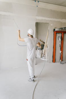 Back view of a construction worker applying primer to a wall in a renovation project indoors.