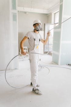 A construction worker in a white uniform using spray equipment inside a renovation site.